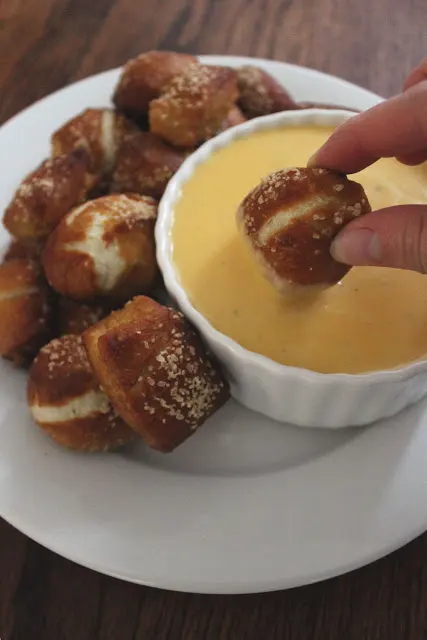 Image of Mini Pretzels with Pumpkin Beer Cheddar Sauce.